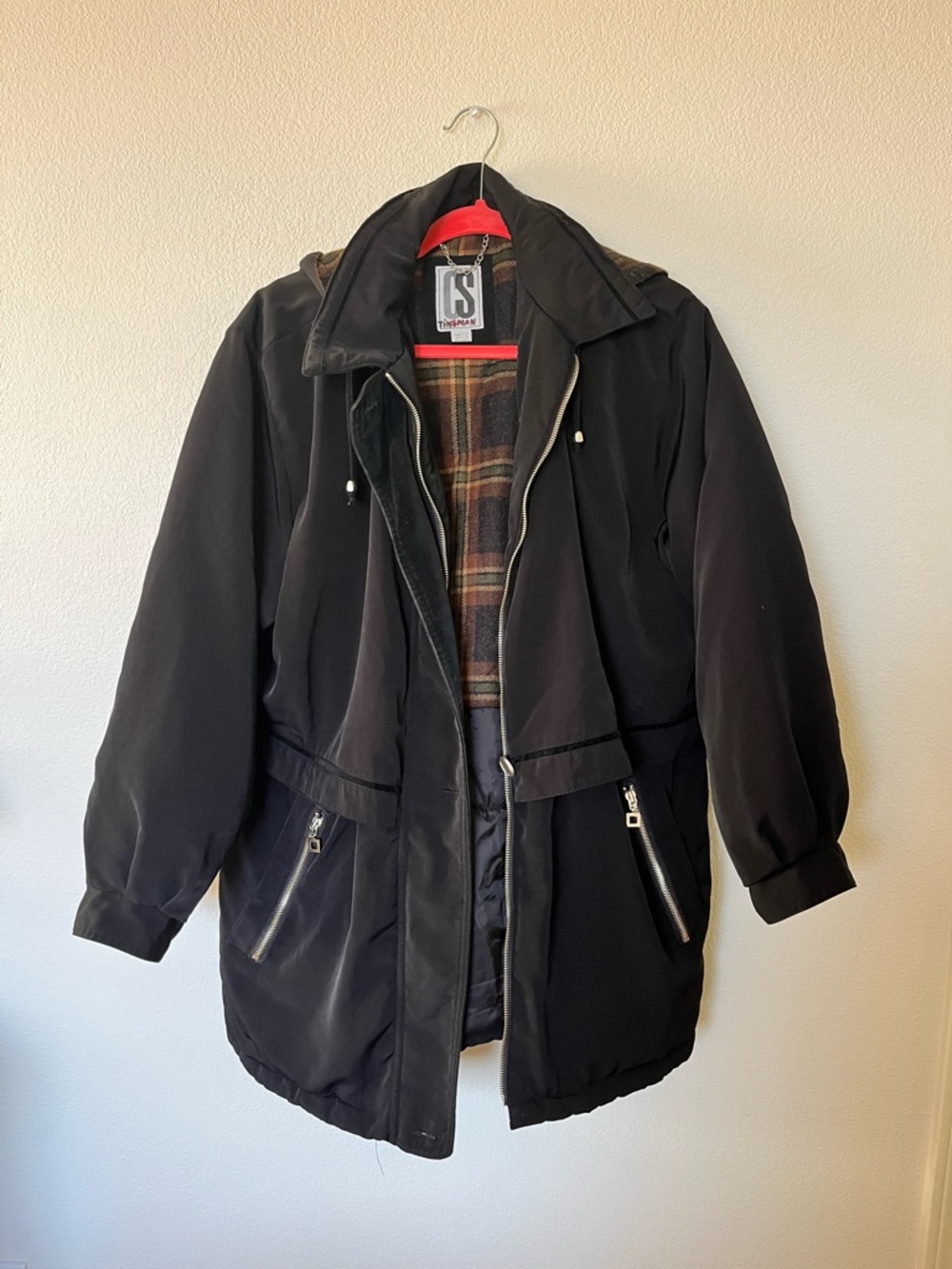 Black Parka Jacket with Plaid Lining Large
